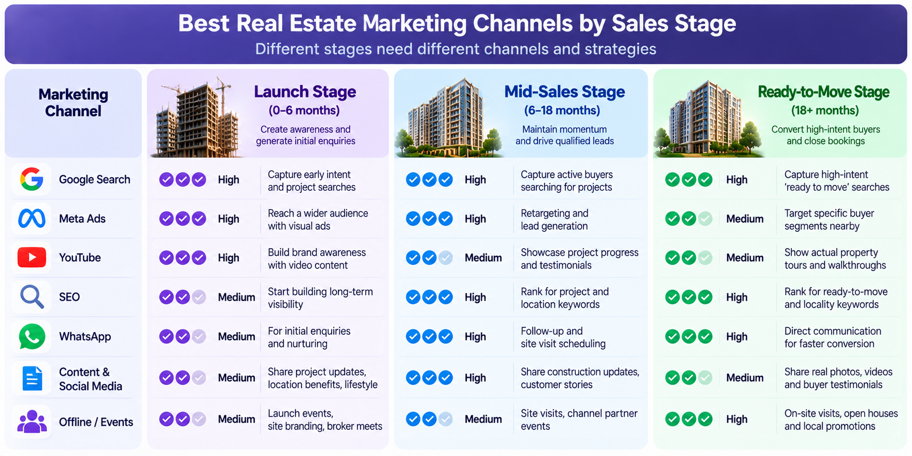 Best real estate marketing channels at launch, mid-sales and ready-to-move stages.